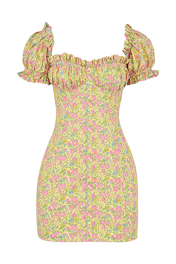 Vintage miniklänning med blommiga puffärmar