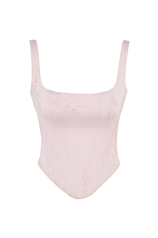 Rosa blommig satin longline korsett med midikjol