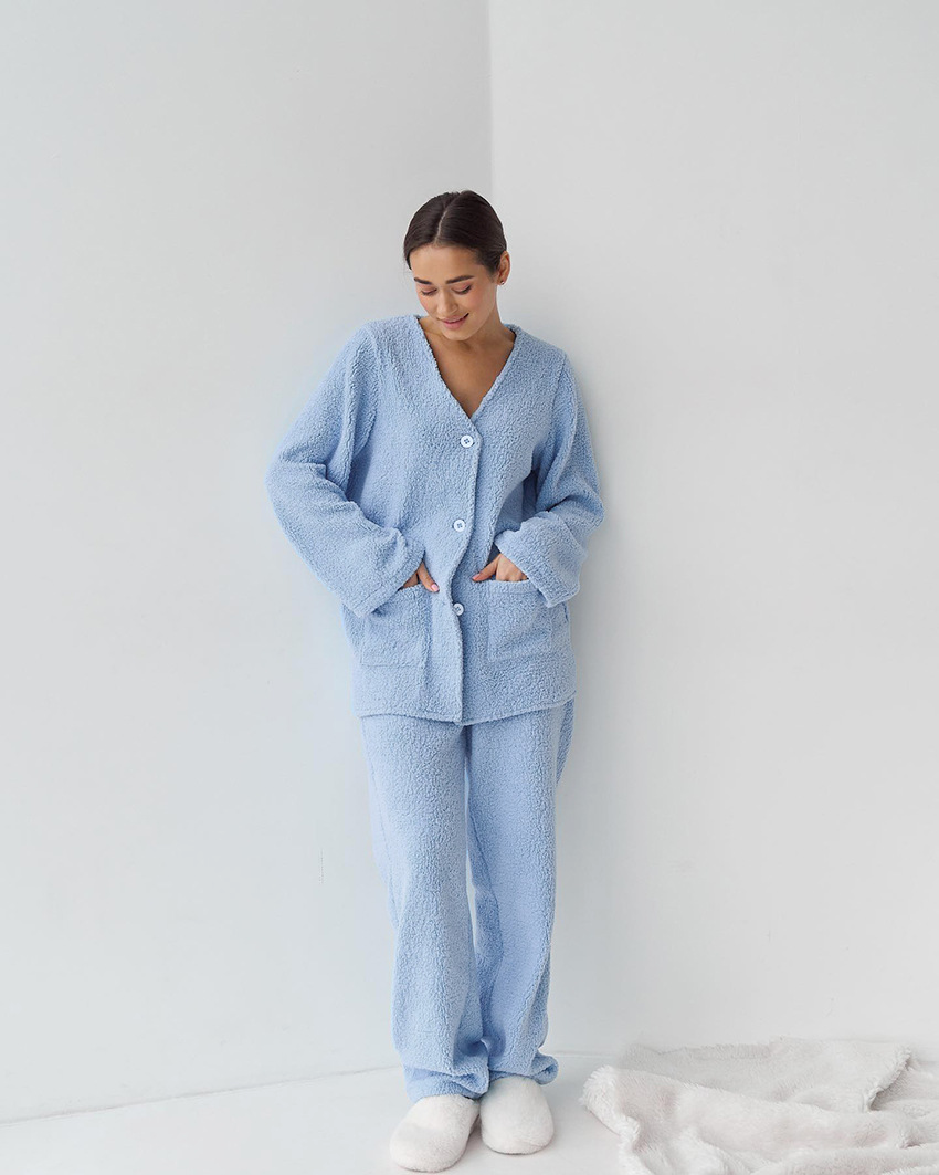 Blå  lå ngärmad ullpyjamas för kvinnor