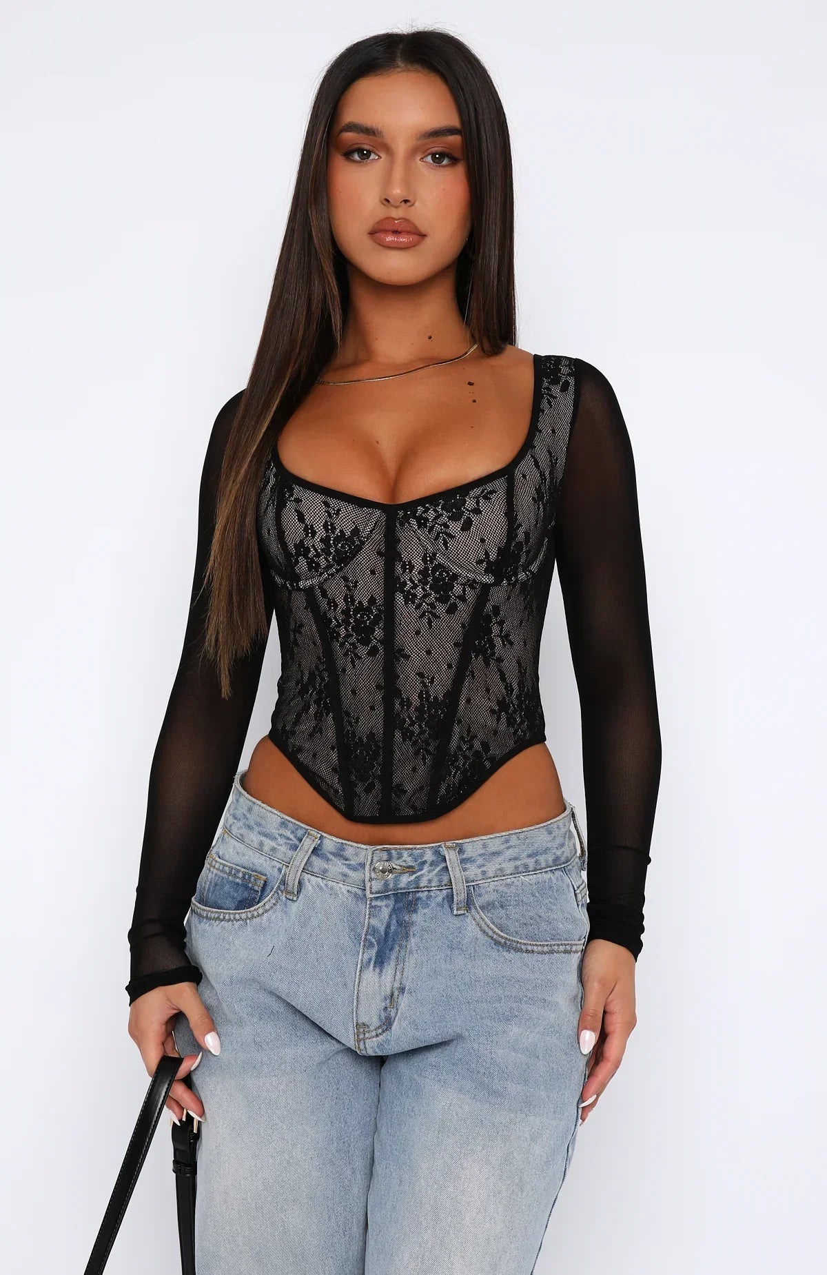 Svart spetsbustier med lå nga ärmar