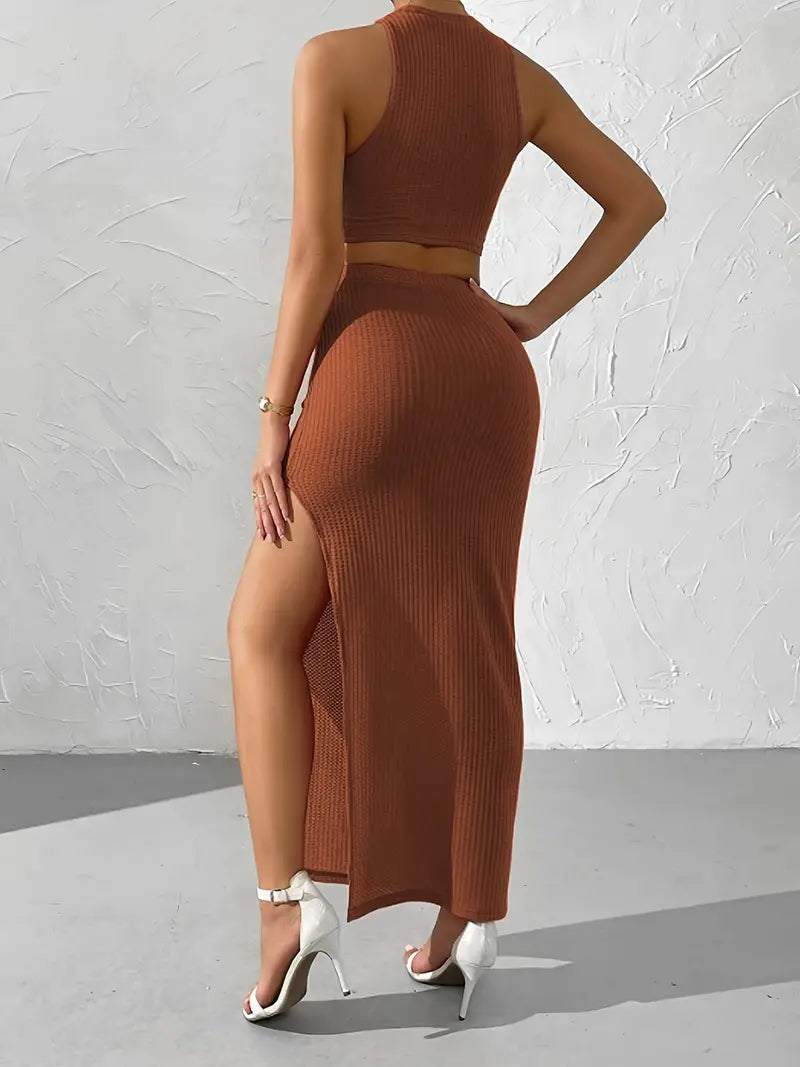 Crop Top med långkjol stickad kostym