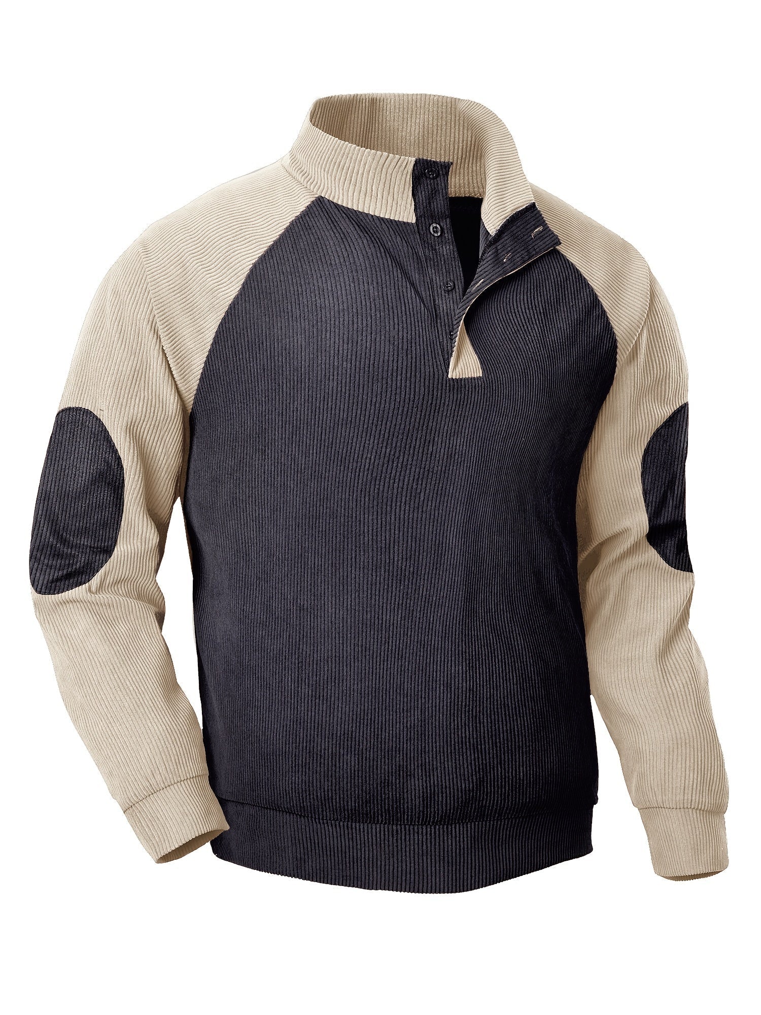 Ribbstickad vintage Henley skjorta med lå nga ärmar och stå krage
