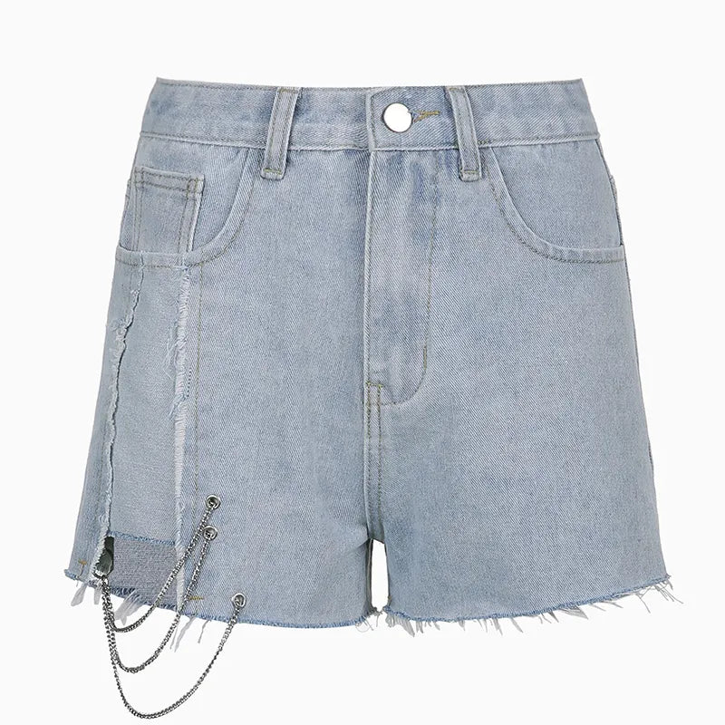 Denimshorts med breda ben och kedjor