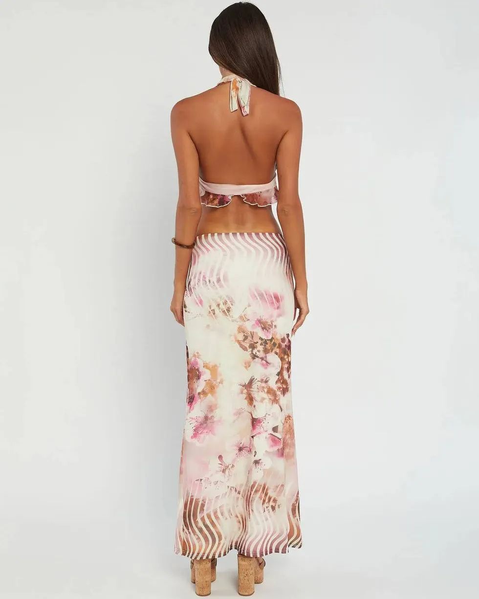 Halter Neck Tryckt Set I Vit