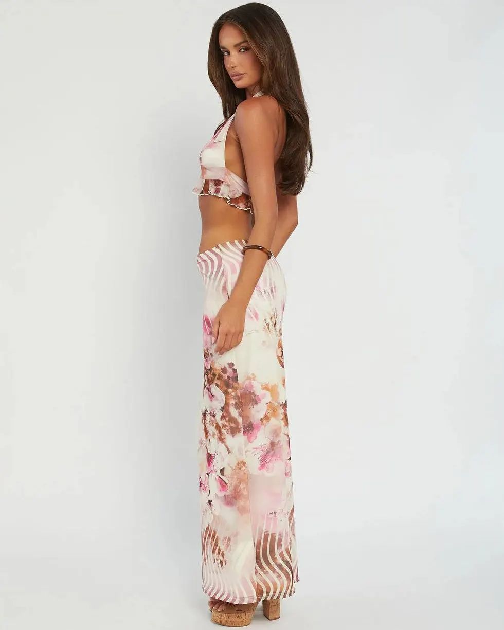 Halter Neck Tryckt Set I Vit