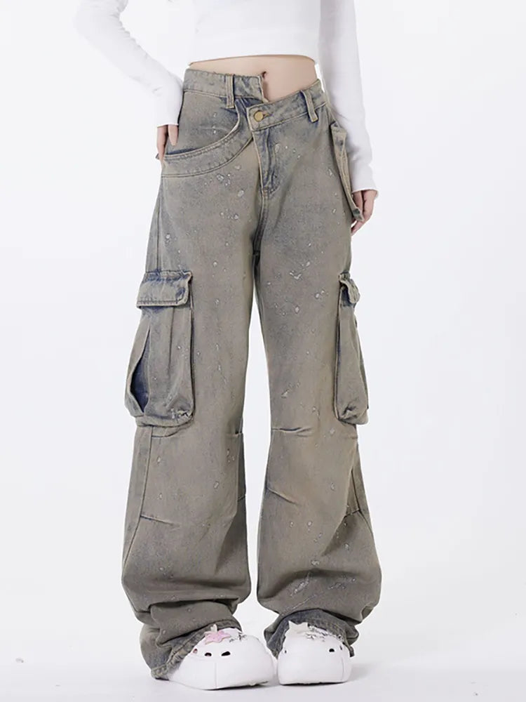 Retro asymmetriska tvättade jeans