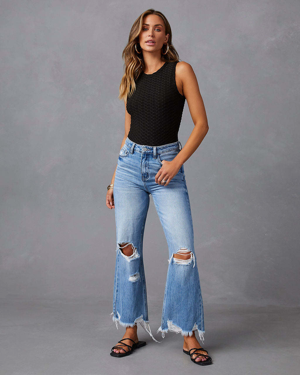 Rippade jeans med hög midja och vida ben