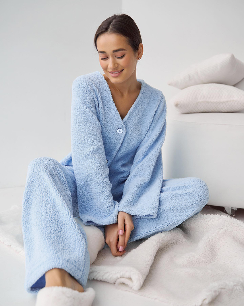 Blå  lå ngärmad ullpyjamas för kvinnor
