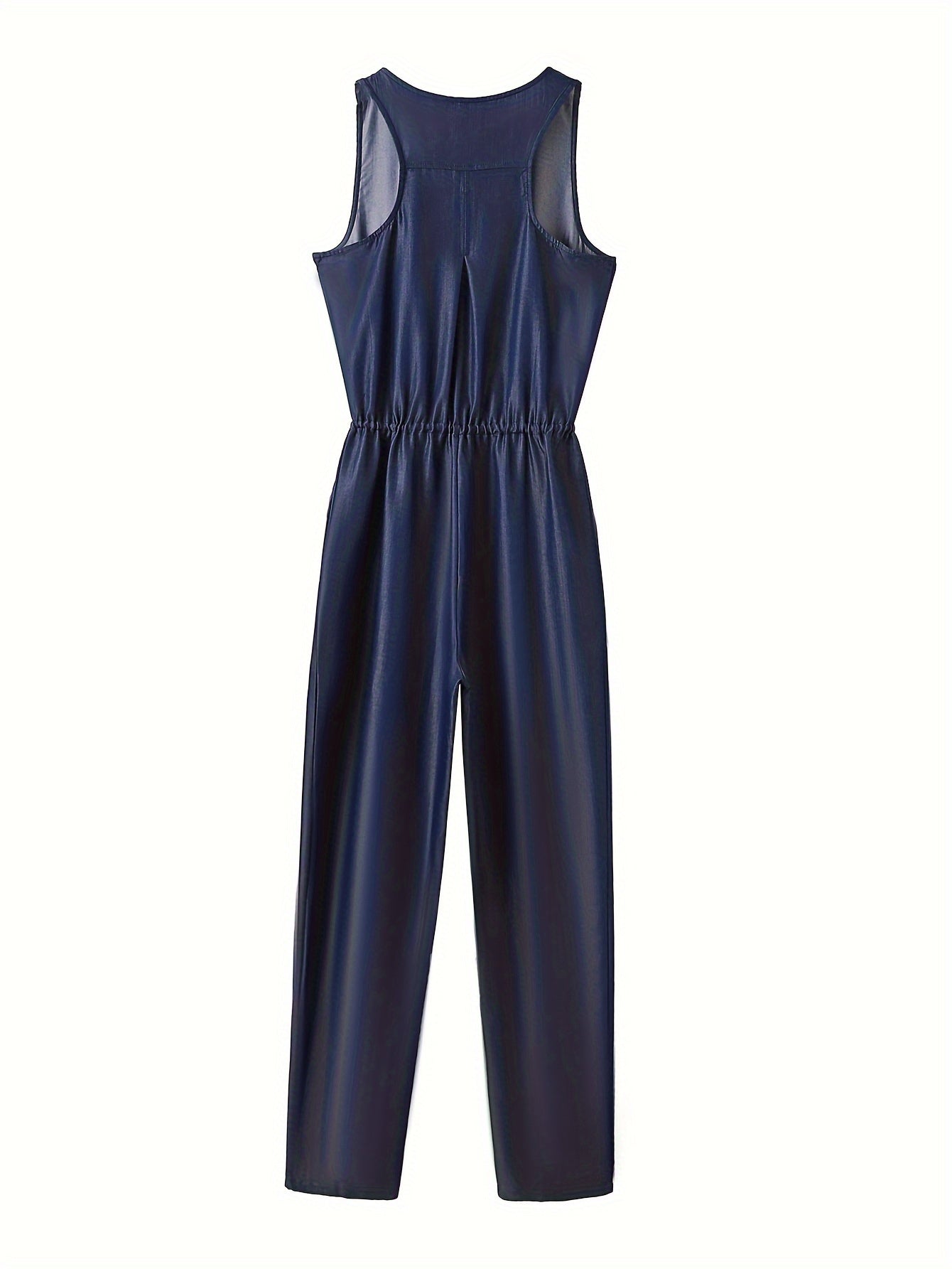 Denim jumpsuit med dragkedja fram och midjeband