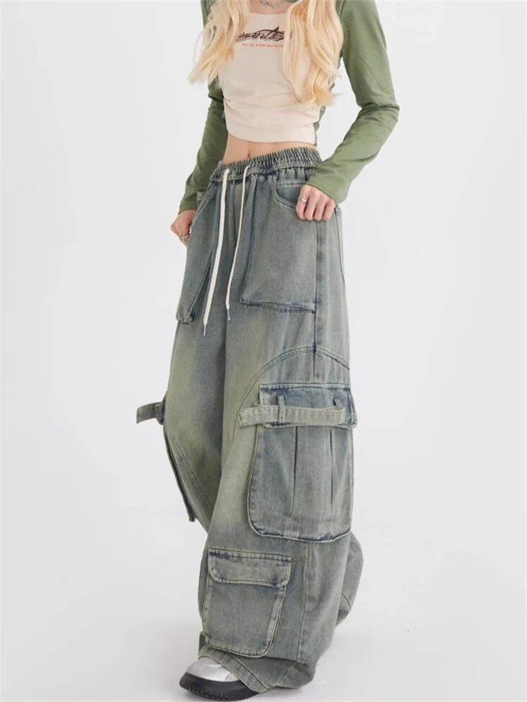 Retro lösa jeans med stora fickor