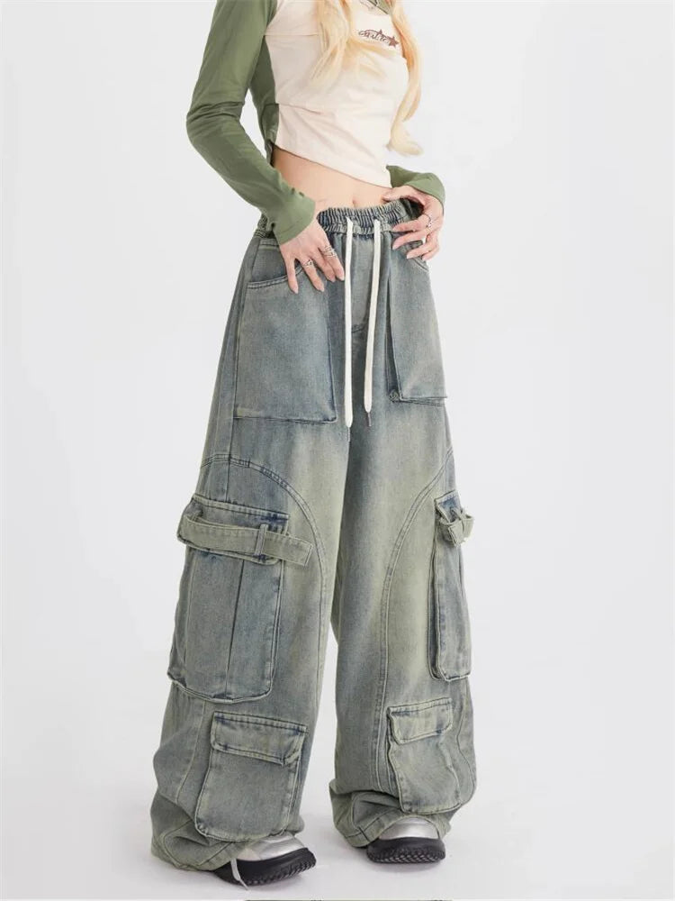 Retro lösa jeans med stora fickor