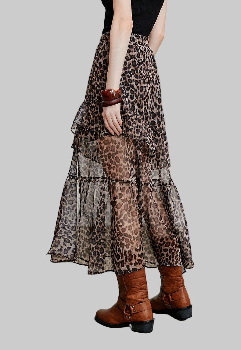 Leopardmönstrad chiffongkjol med öppen slits