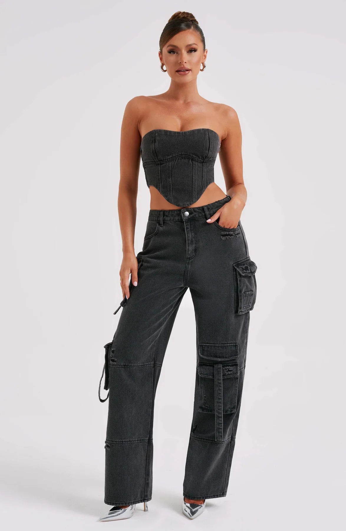 Denim korsett och cargo byxor set