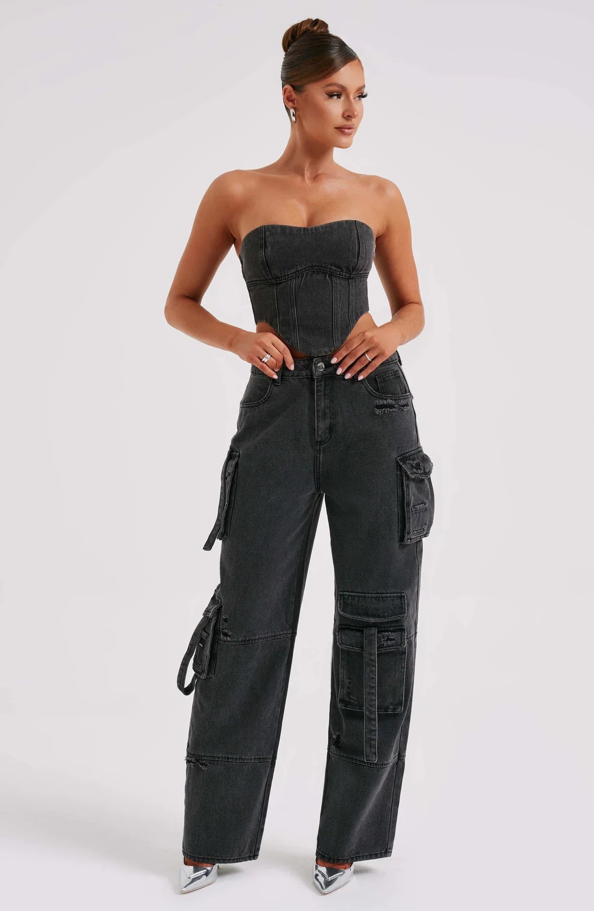 Denim korsett och cargo byxor set