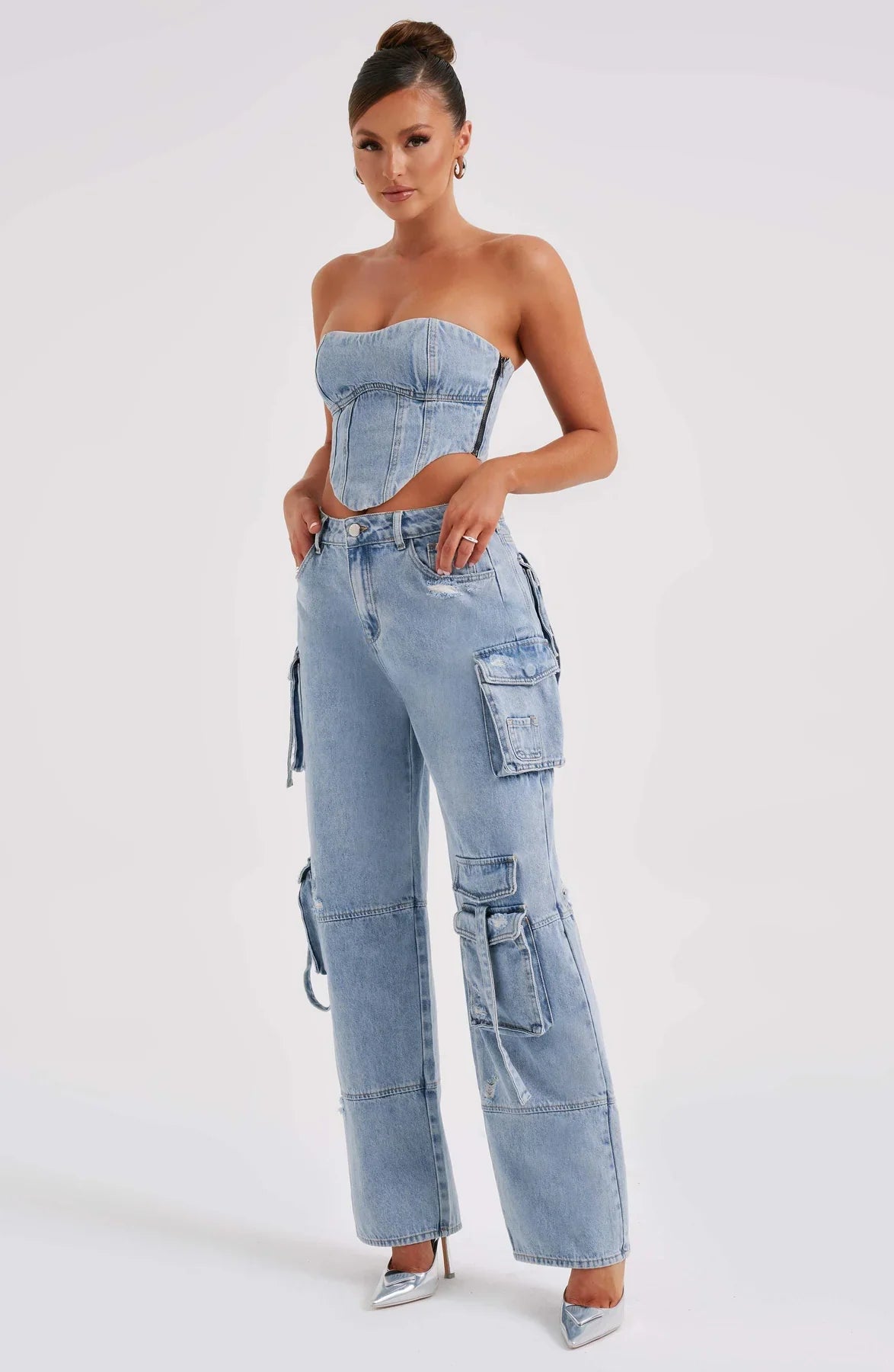 Denim korsett och cargo byxor set