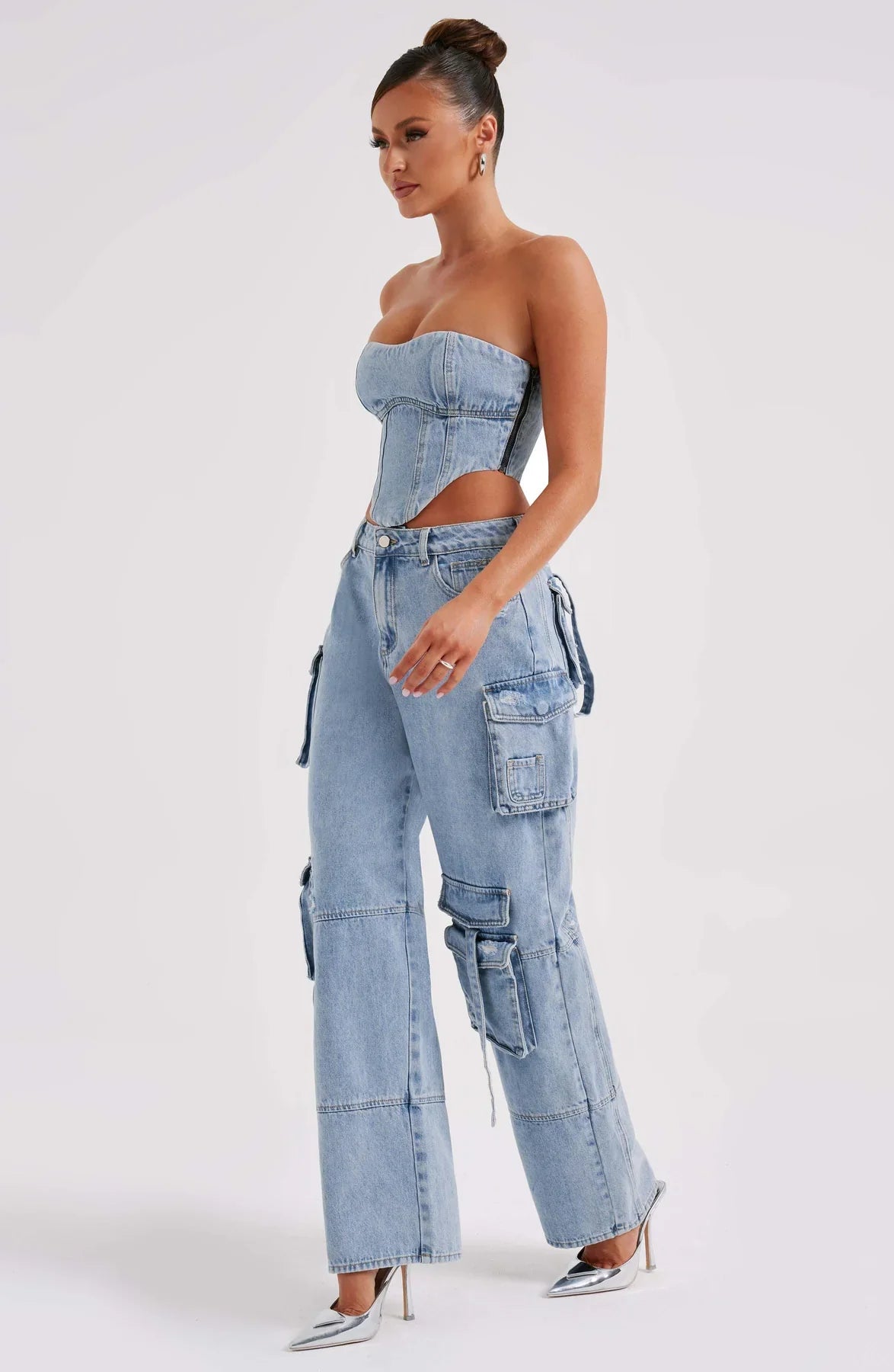 Denim korsett och cargo byxor set