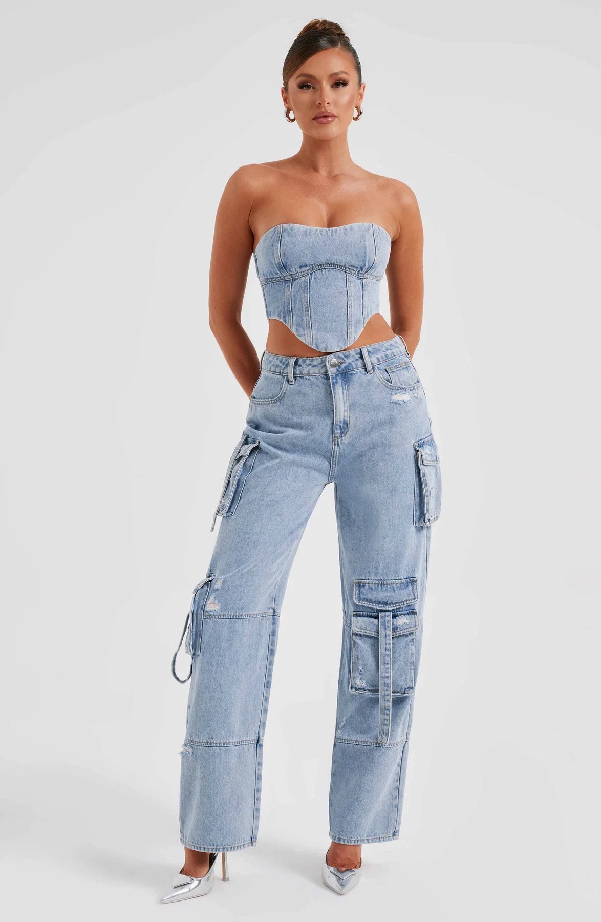 Denim korsett och cargo byxor set