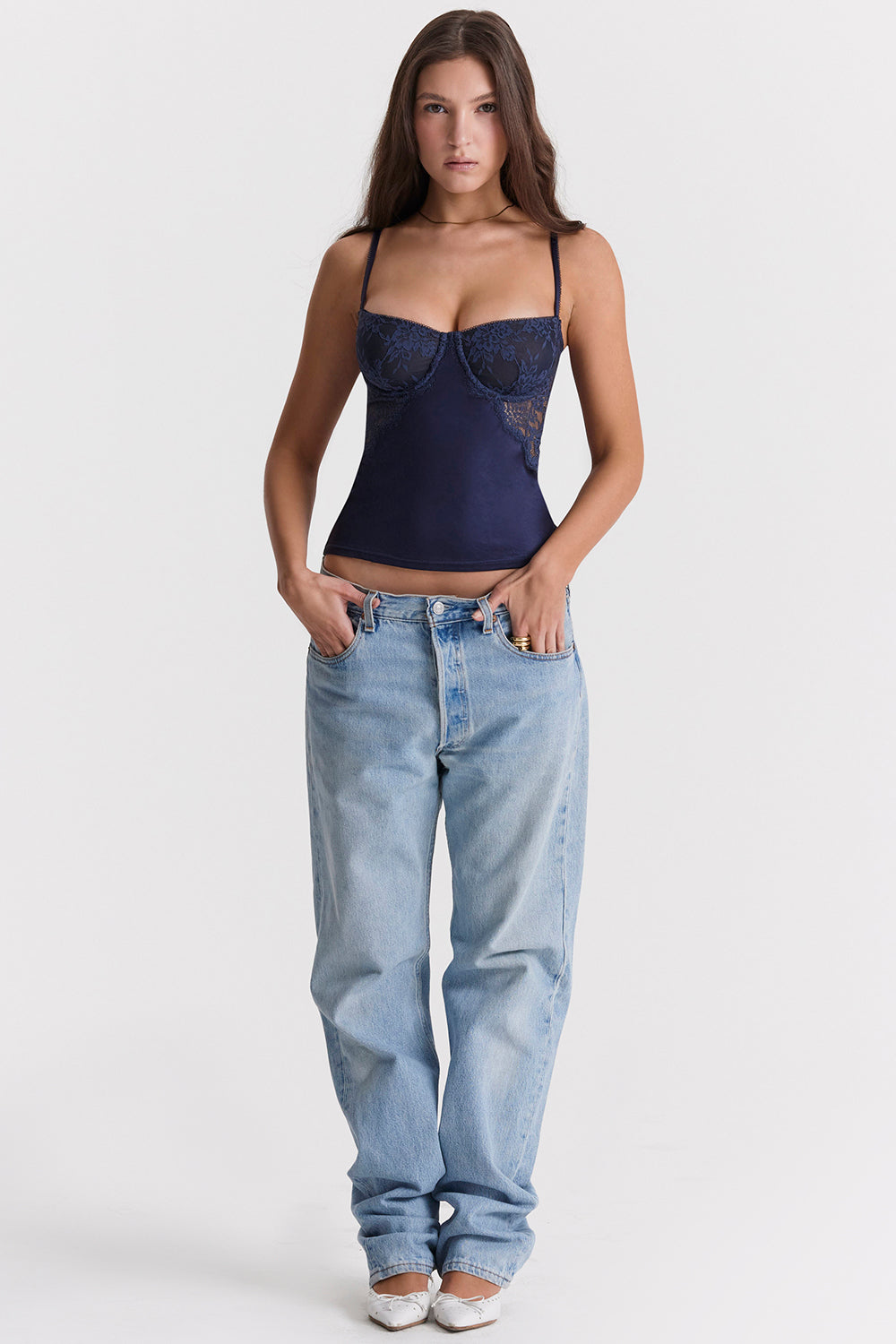Marinblå  satin och spets cami topp