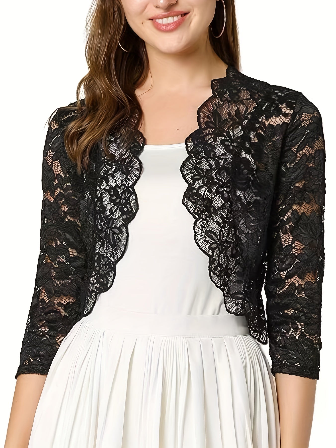Halvtransparent cropped cardigan med blommig spets