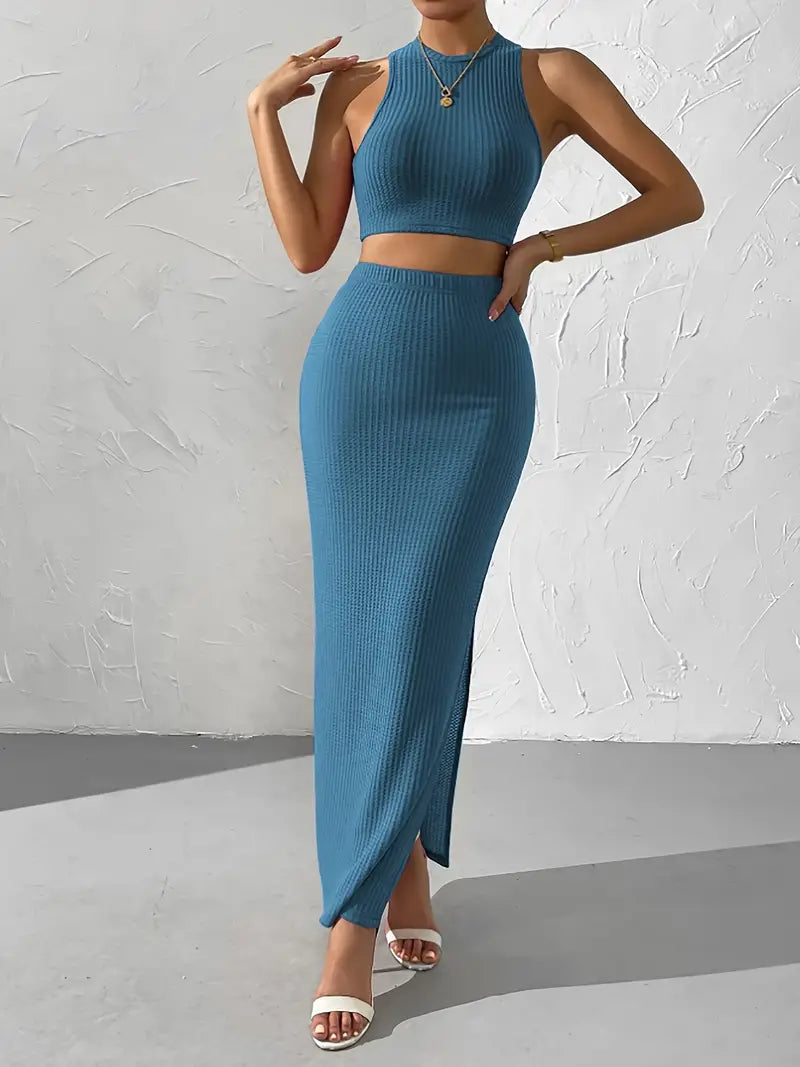 Crop Top med långkjol stickad kostym
