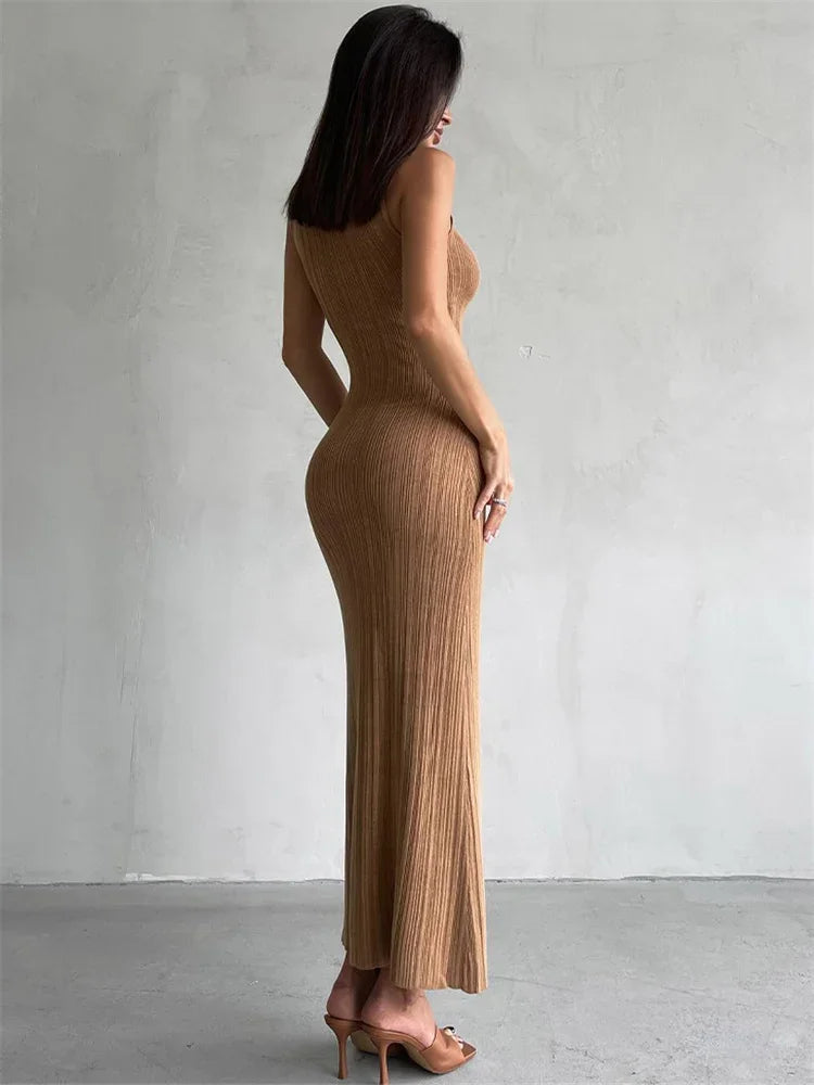 Turtleneck gebreide maxi-jurk in kaki