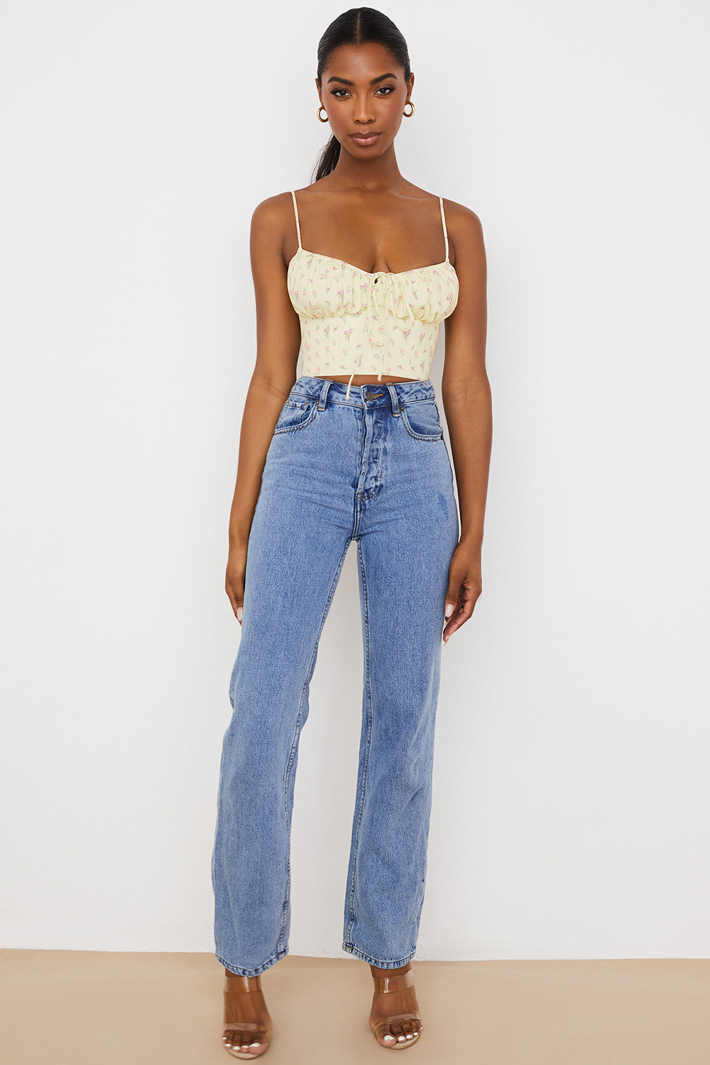 Citronfärgad blommig bustier topp med veck