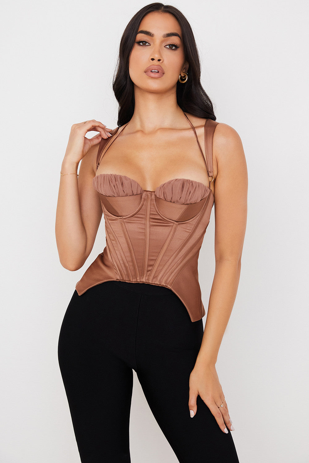 Peplum-korsett i toffee satin