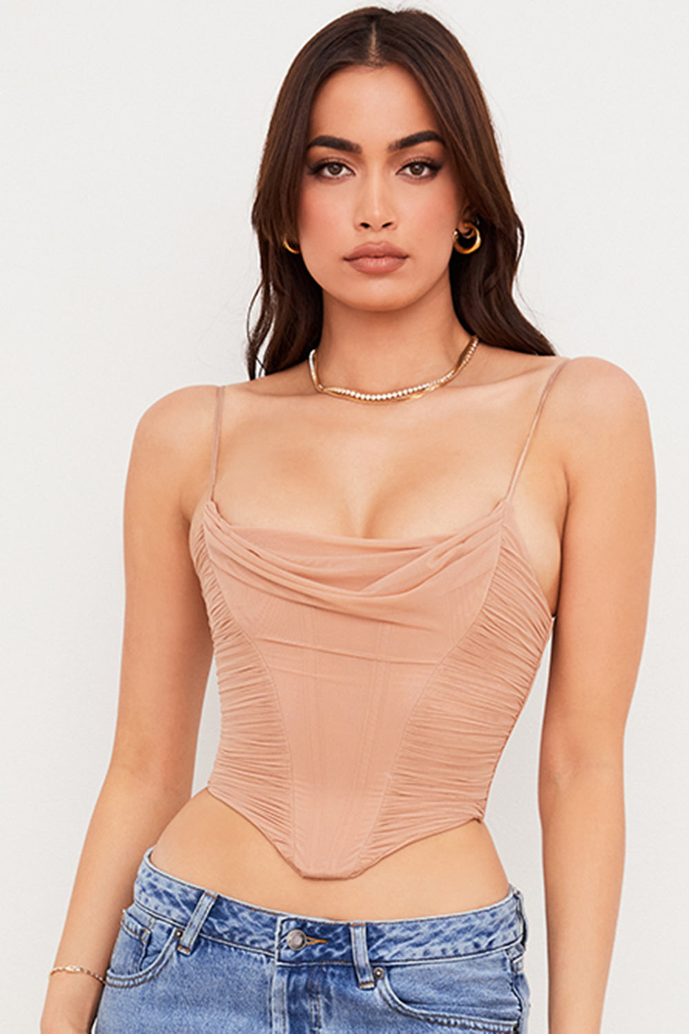Draperad korsett i beige mesh