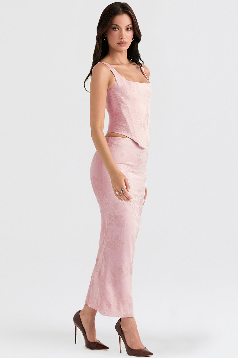 Rosa blommig satin longline korsett med midikjol