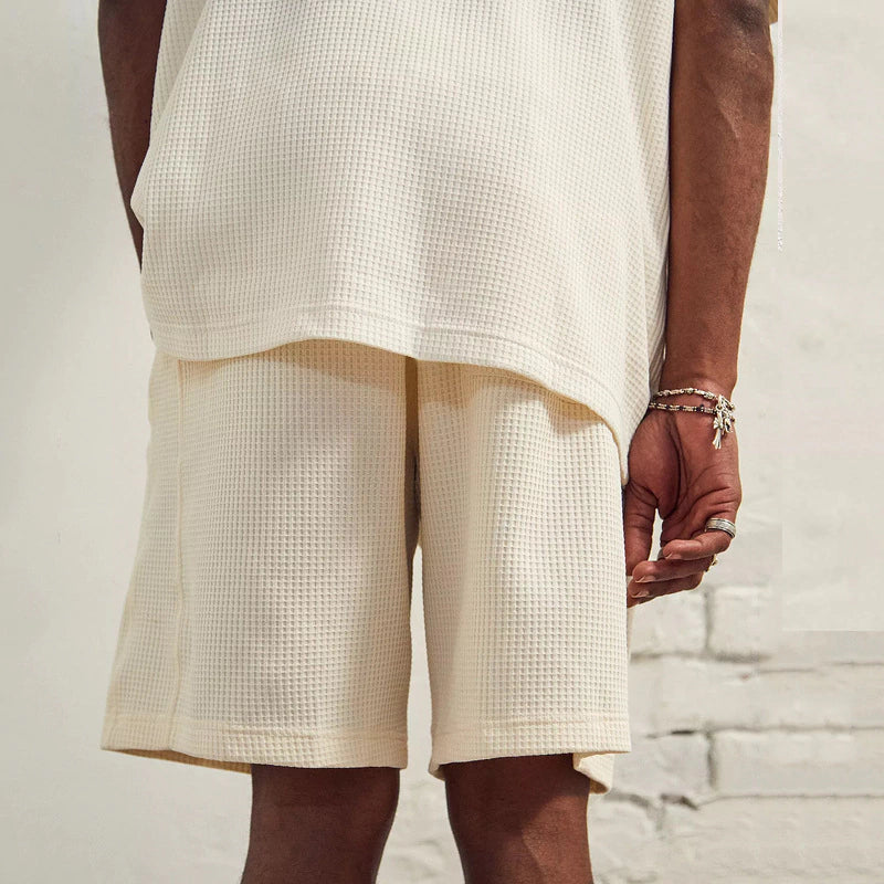 Casual beige stickad T-shirt och shorts för män