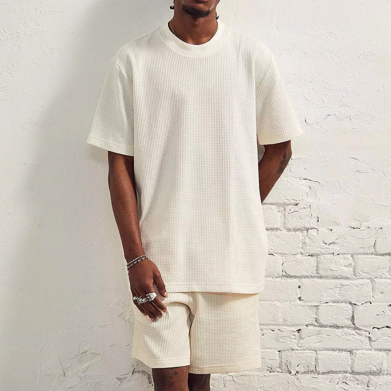 Casual beige stickad T-shirt och shorts för män