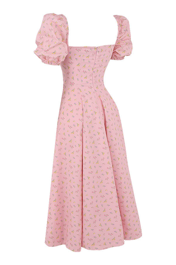 Midi solklänning med blommiga puffärmar