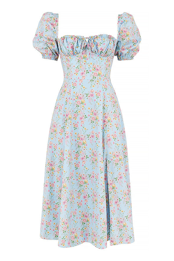 Midi solklänning med blommiga puffärmar