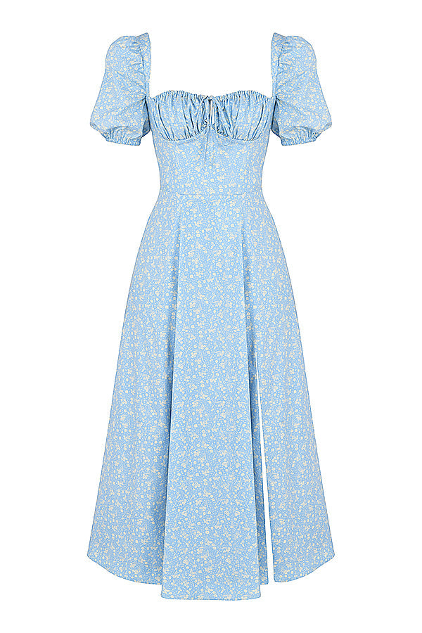 Midi solklänning med blommiga puffärmar