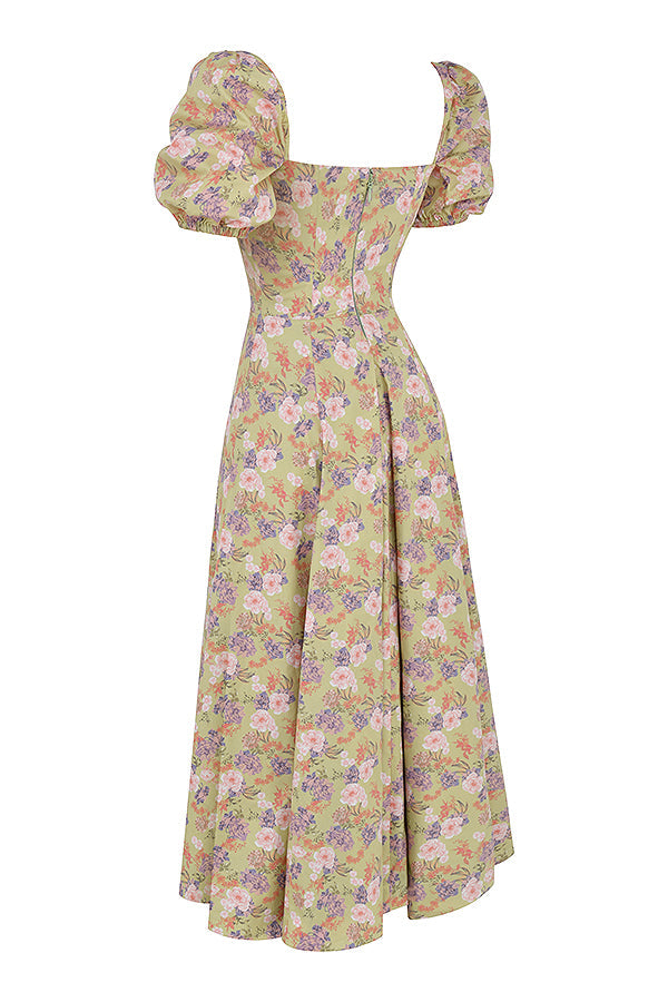Midi solklänning med blommiga puffärmar