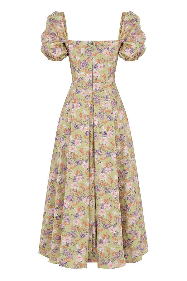 Midi solklänning med blommiga puffärmar