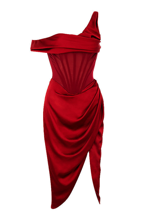 Asymmetrisk draperad midi-korsettklänning