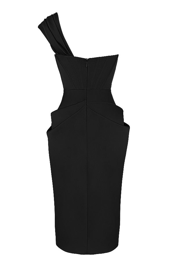 Draperad midiklänning i satäng med en axel