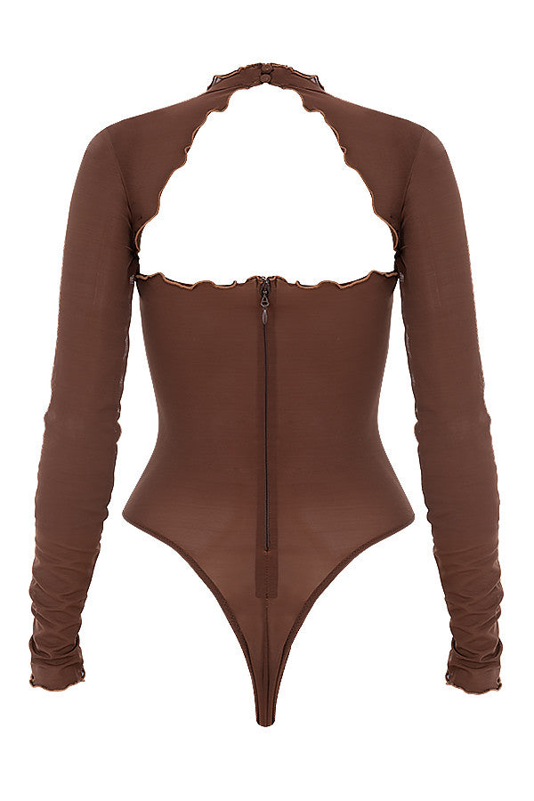 Bodysuit i brun power mesh med knytband framtill
