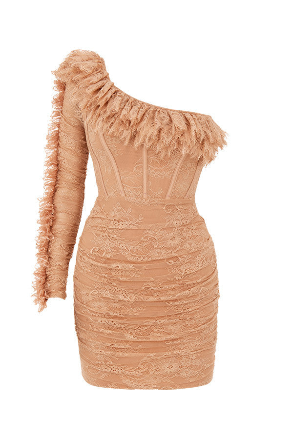 Beige asymmetrisk miniklänning med volanger