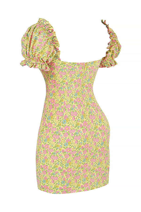 Vintage miniklänning med blommiga puffärmar