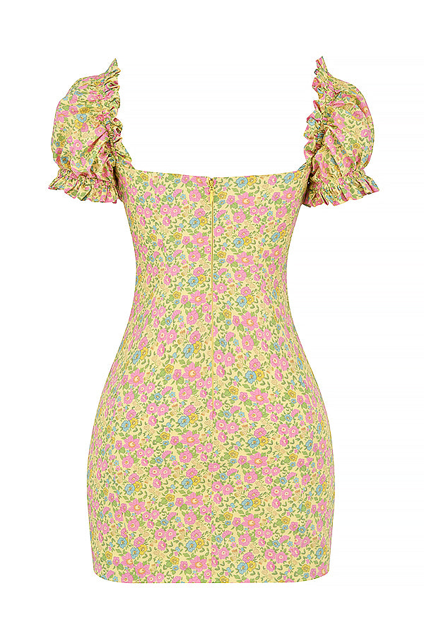 Vintage miniklänning med blommiga puffärmar