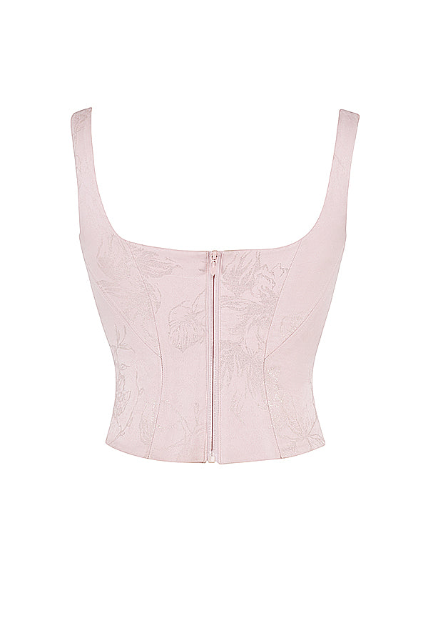 Rosa blommig satin longline korsett med midikjol