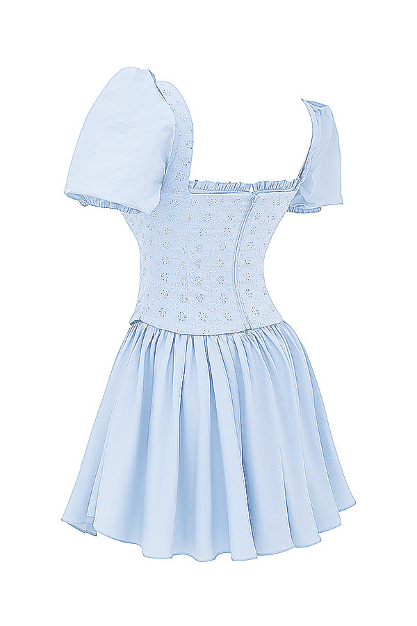Mjuk blå  broderi korsett miniklänning