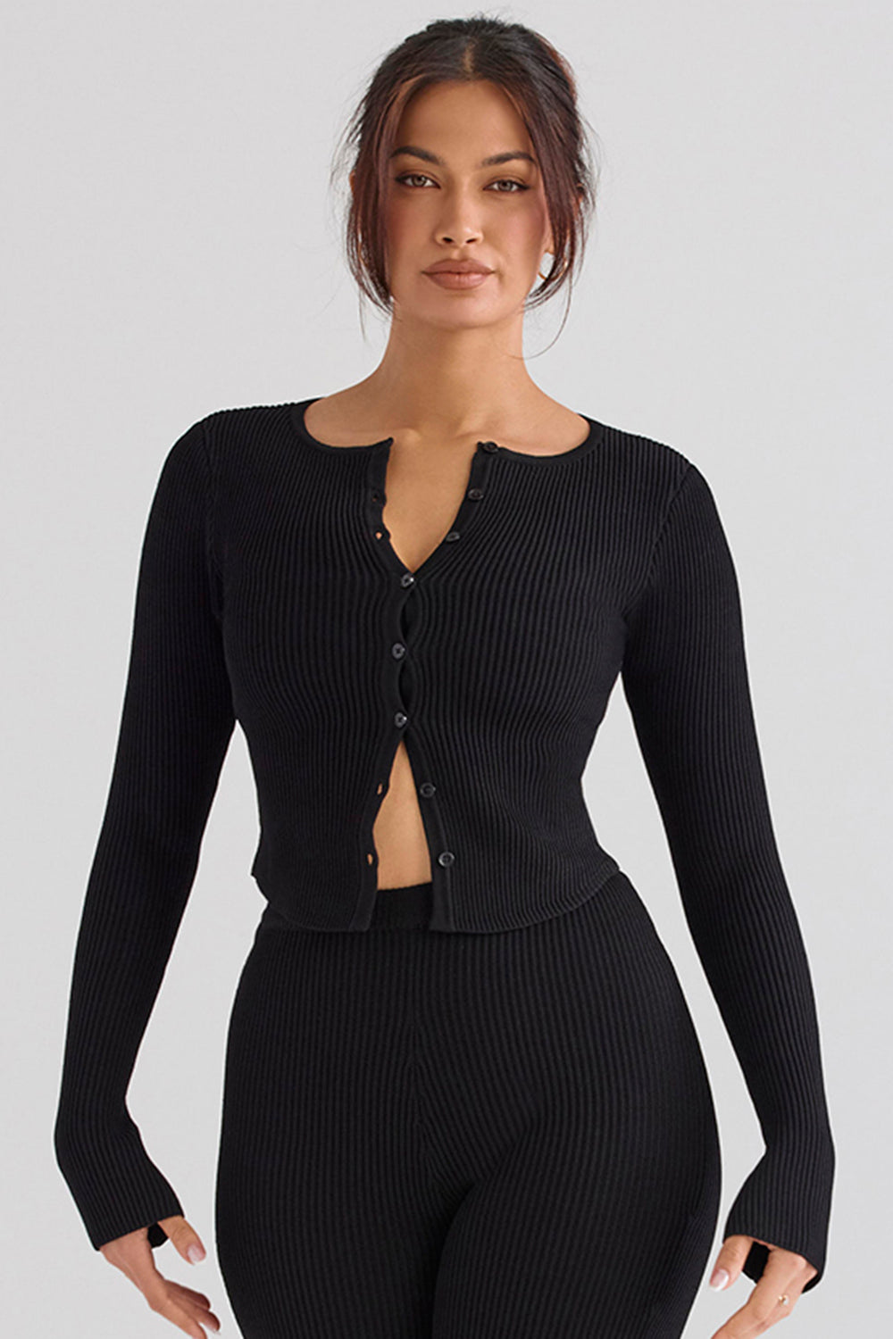 Ribbstickad cardigan med leggings