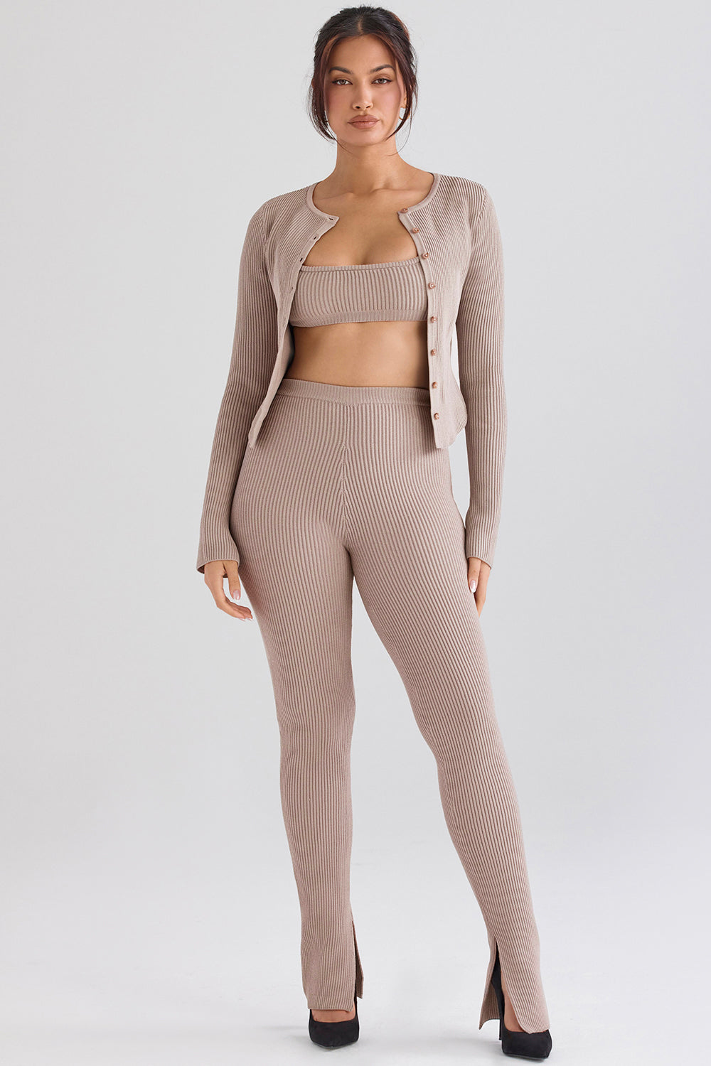 Ribbstickad cardigan med leggings