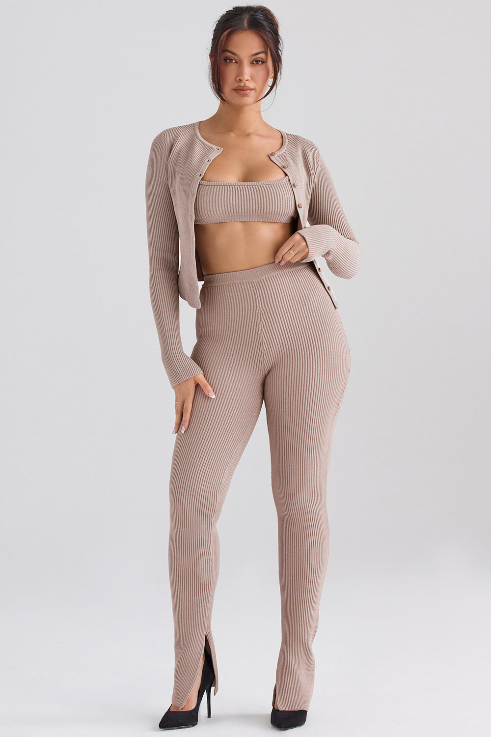Ribbstickad cardigan med leggings