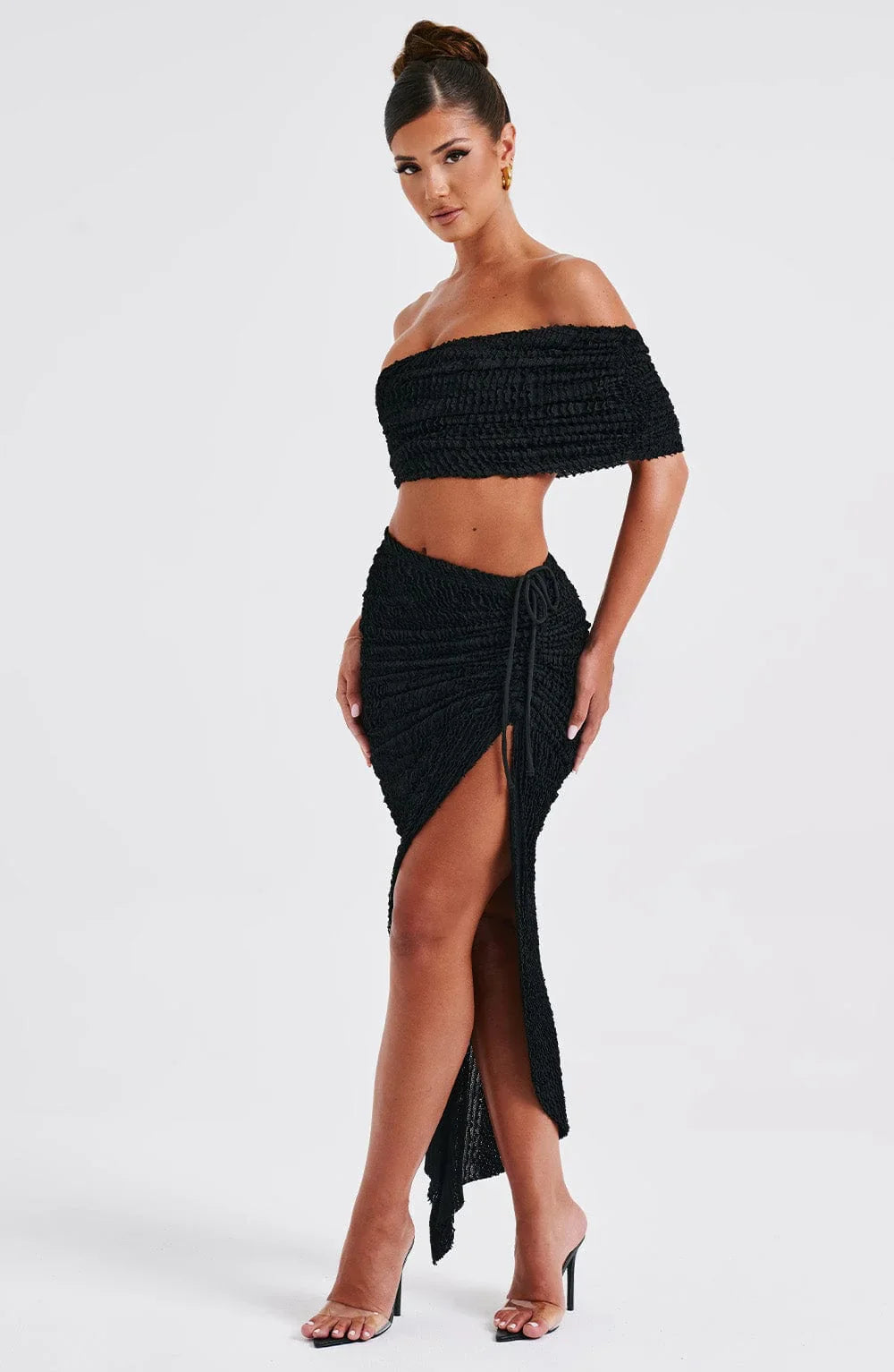 Texturerad off-shoulder topp med kjol