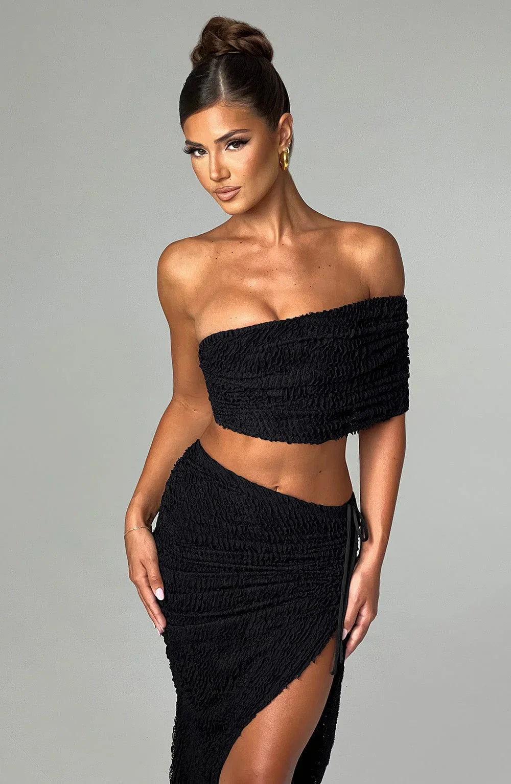 Texturerad off-shoulder topp med kjol